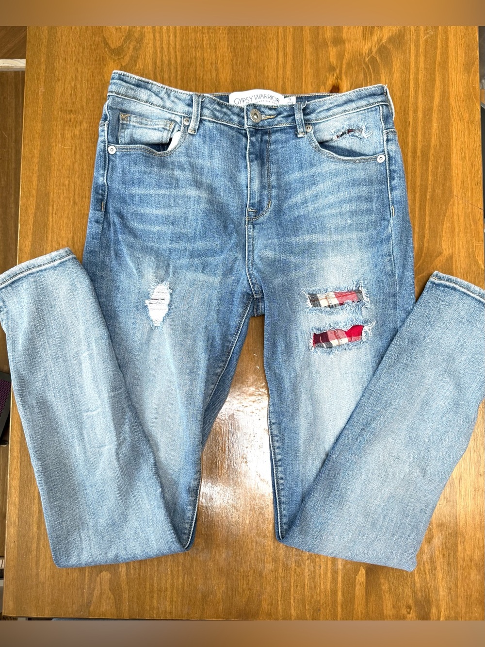 Gypsy Warrior Light Blue Distressed Women's Jeans With Flannel Details Size 9